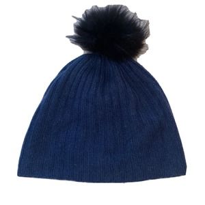 Carolina Amato Blue Cashmere Beanie Hat With Puff Pow Cable Knit See Description